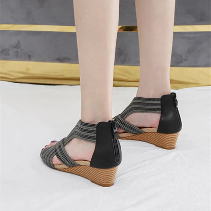 Peep-Toe Stacked Wedge Platform Sandal with Back Zip