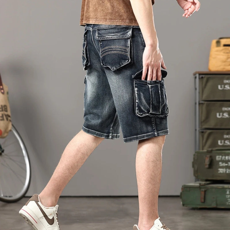 Distressed Denim Cargo Shorts