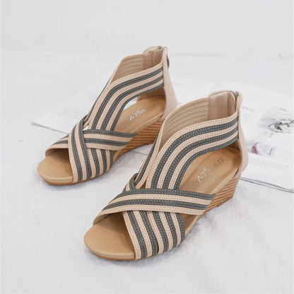 Peep-Toe Stacked Wedge Platform Sandal with Back Zip