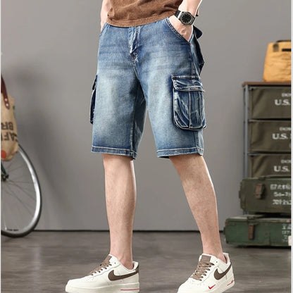 Distressed Denim Cargo Shorts