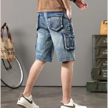 Distressed Denim Cargo Shorts