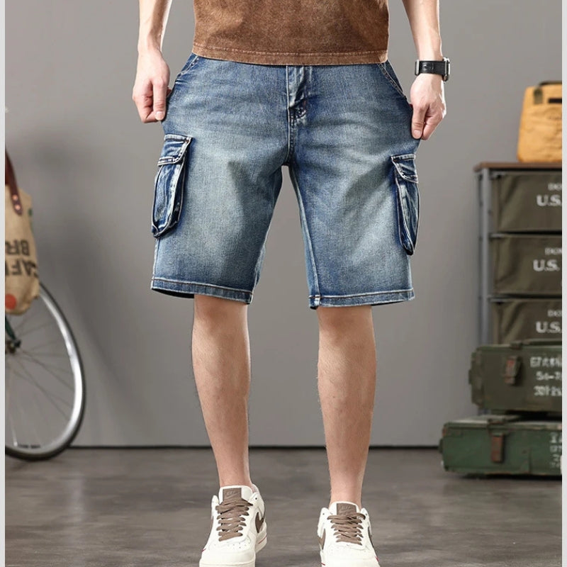 Distressed Denim Cargo Shorts