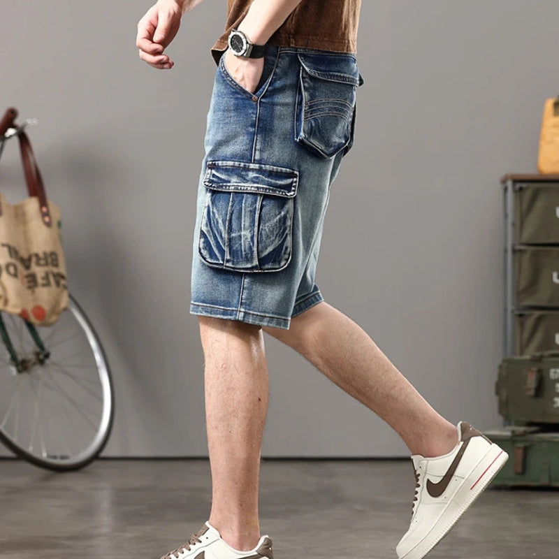 Distressed Denim Cargo Shorts