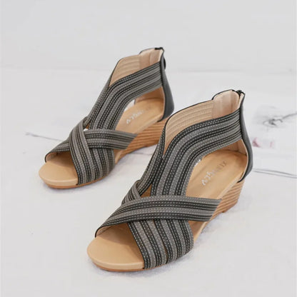 Peep-Toe Stacked Wedge Platform Sandal with Back Zip