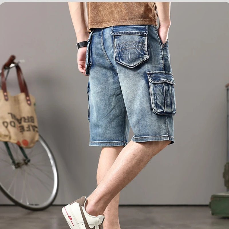 Distressed Denim Cargo Shorts