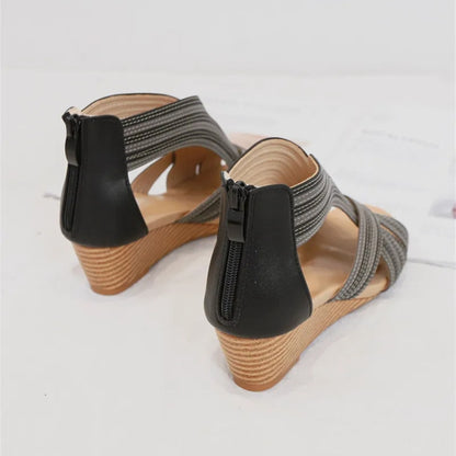 Peep-Toe Stacked Wedge Platform Sandal with Back Zip