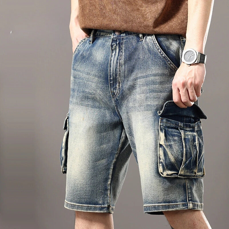 Distressed Denim Cargo Shorts