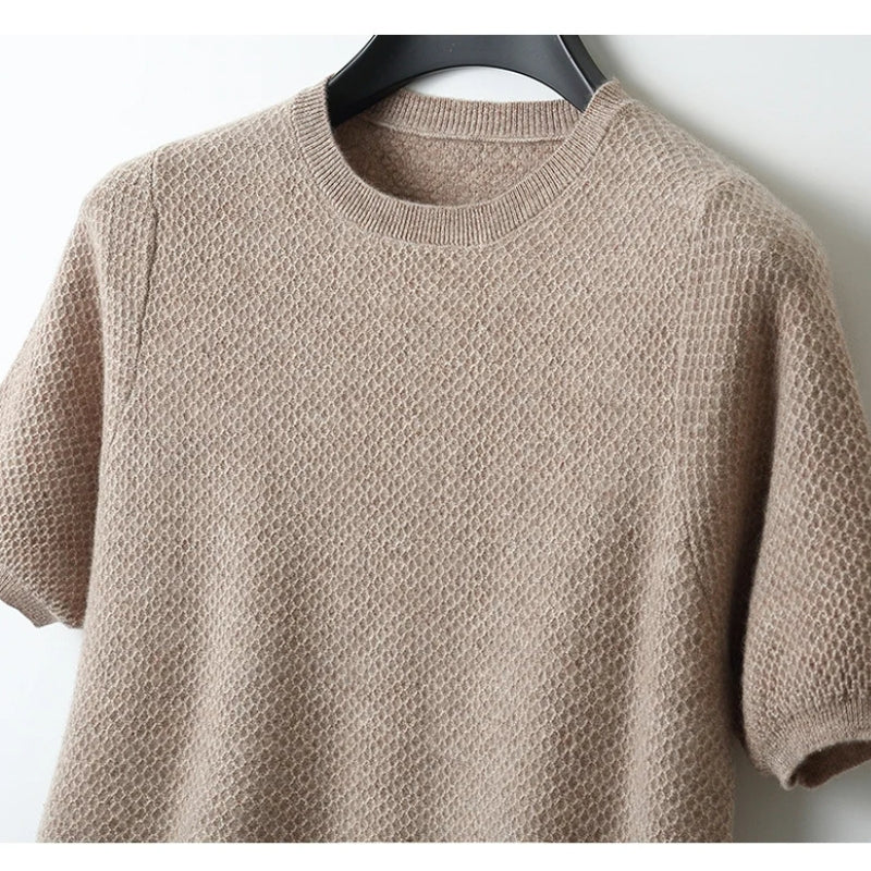 Wool Waffle Knit Half-Sleeve Sweater