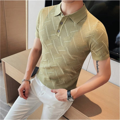 Vintage Geometric Sweater Knit Short-Sleeve Polo Shirt