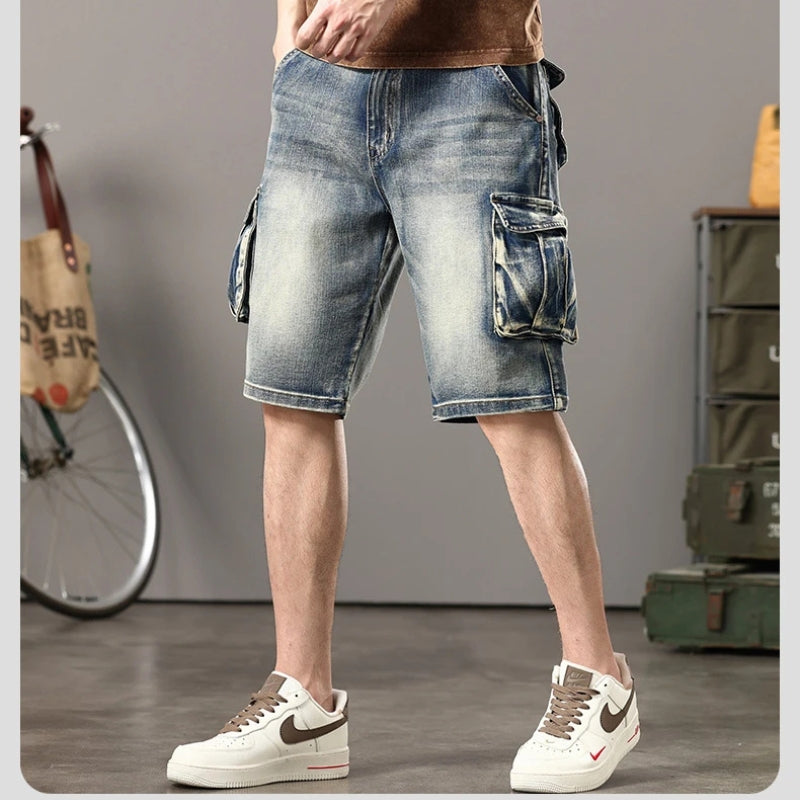 Distressed Denim Cargo Shorts