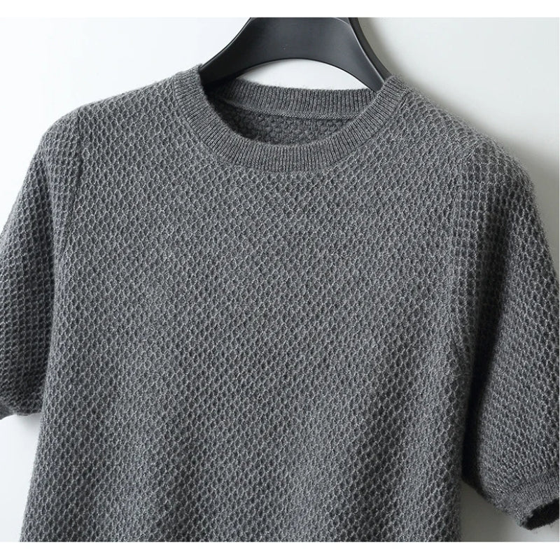 Wool Waffle Knit Half-Sleeve Sweater