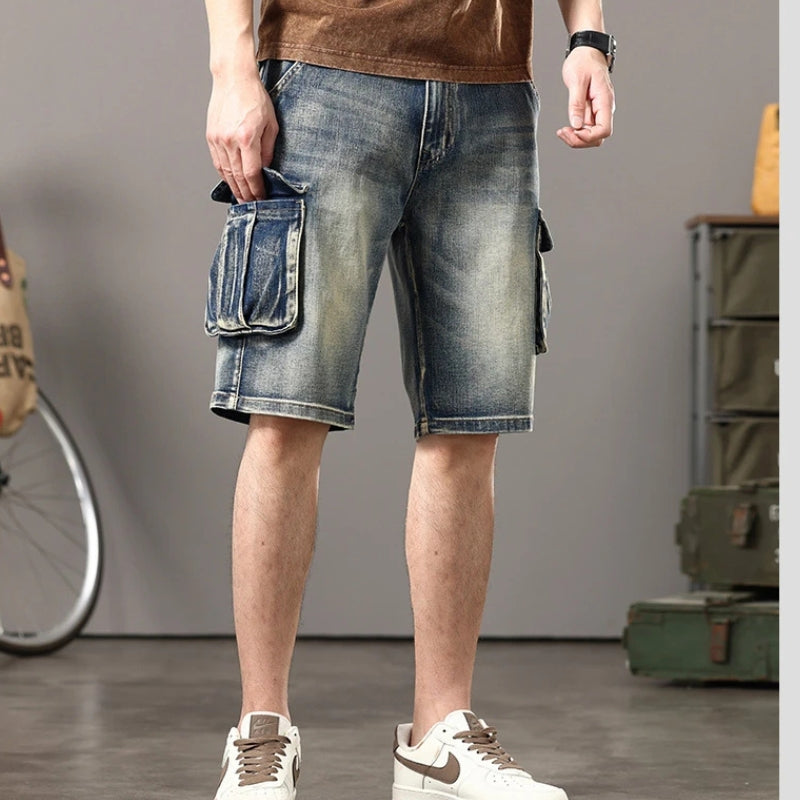 Distressed Denim Cargo Shorts