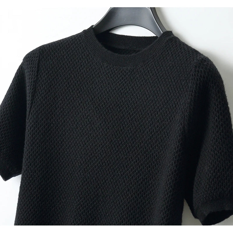 Wool Waffle Knit Half-Sleeve Sweater