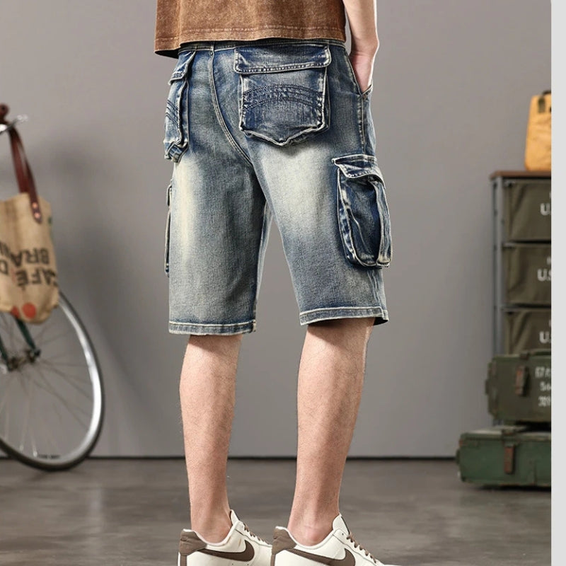 Distressed Denim Cargo Shorts