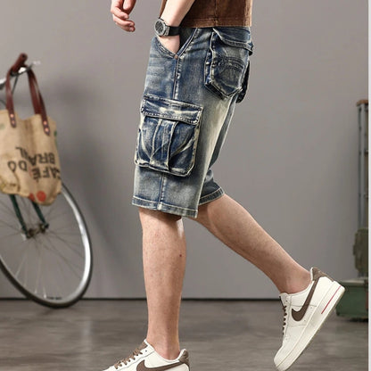 Distressed Denim Cargo Shorts