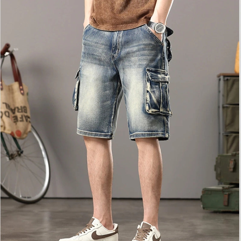 Distressed Denim Cargo Shorts