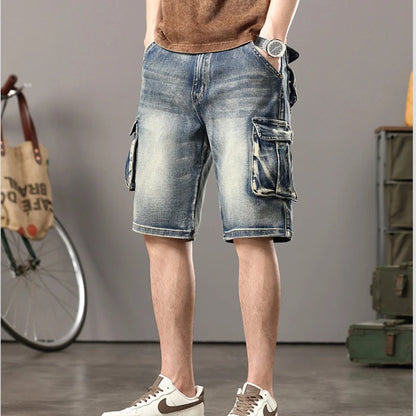 Distressed Denim Cargo Shorts