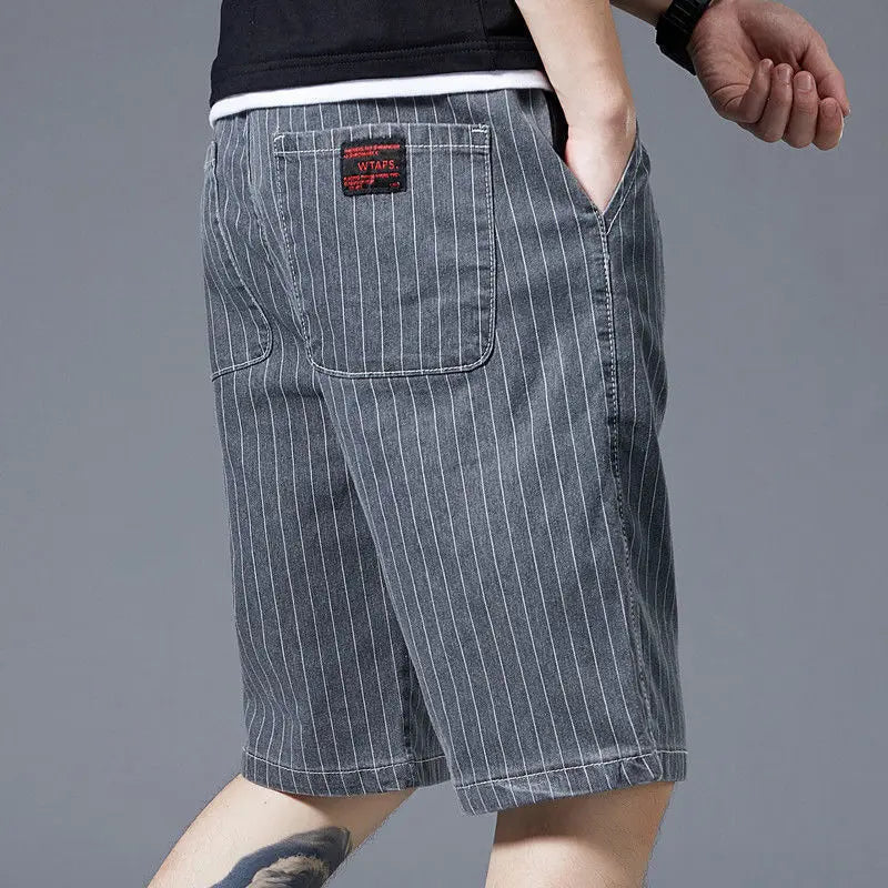 Pinstripe Denim Shorts with Drawstring Waist