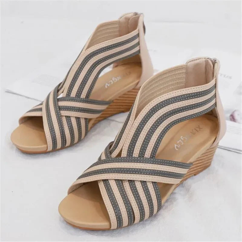 Peep-Toe Stacked Wedge Platform Sandal with Back Zip