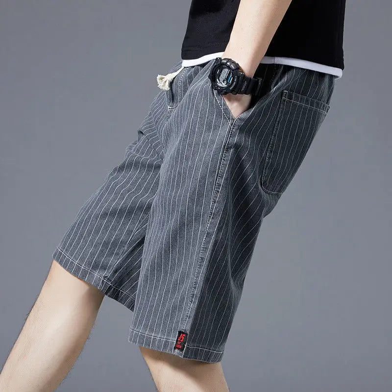 Pinstripe Denim Shorts with Drawstring Waist