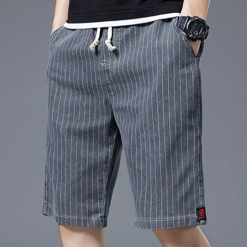 Pinstripe Denim Shorts with Drawstring Waist