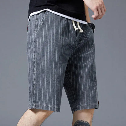 Pinstripe Denim Shorts with Drawstring Waist