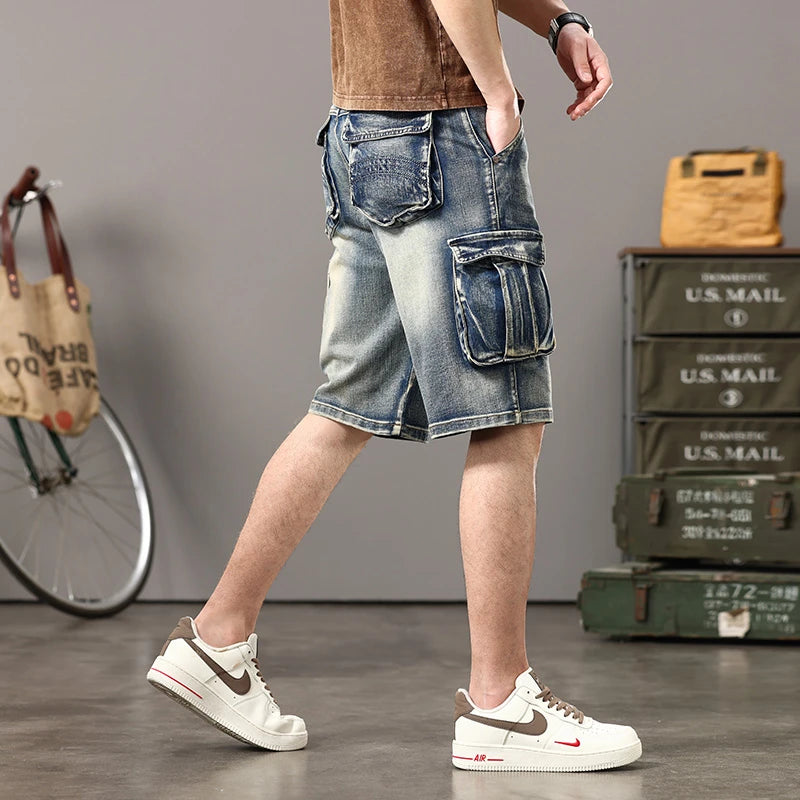 Distressed Denim Cargo Shorts