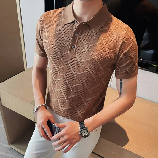 Vintage Geometric Sweater Knit Short-Sleeve Polo Shirt