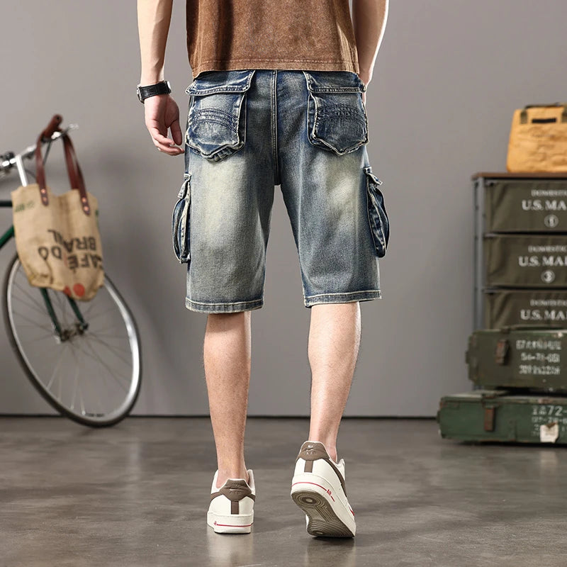 Distressed Denim Cargo Shorts